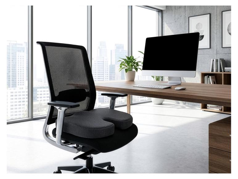 Chaise de bureau ergonomique avec coussin d'assise, devant une fenêtre avec vue sur la ville.