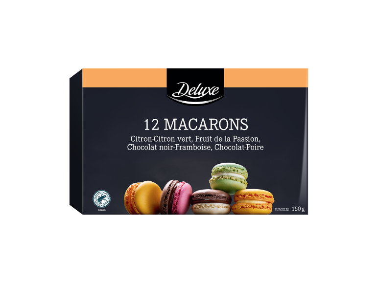 Boîte de 12 macarons aux saveurs variées, dont citron et chocolat.