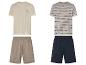 Pyjamas homme : t-shirt uni et rayé, shorts assortis.