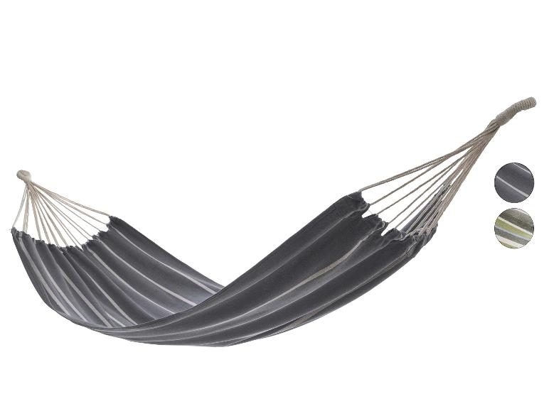 Hamac rayé, gris avec des rayures blanches, avec deux échantillons de tissu ronds.