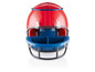 Un casque de football américain rouge avec des compartiments bleus pour des en-cas.