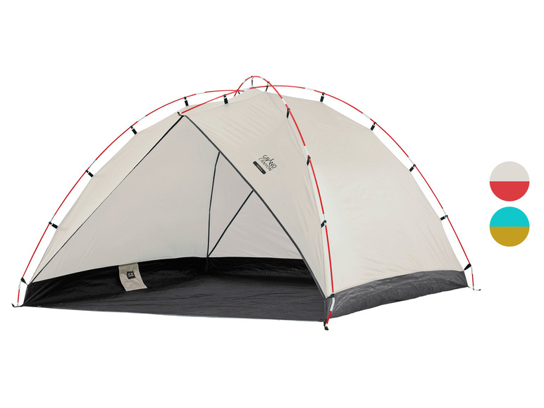 Une tente Grand Canyon 4 places avec une toile beige et des arceaux rouges.