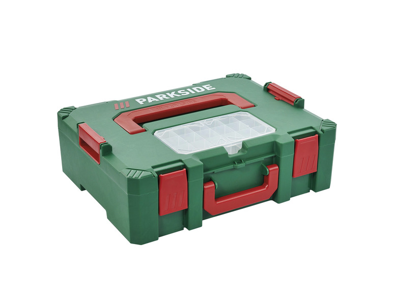Boîte à outils verte avec des poignées rouges et le logo Parkside.