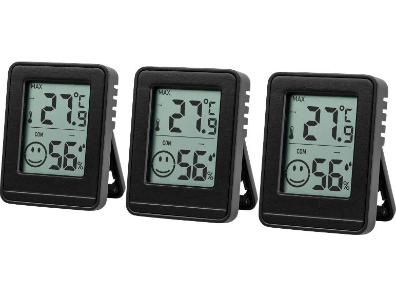 Trois thermomètres numériques affichant 27.9°C et 56% d'humidité avec une icône de visage souriant