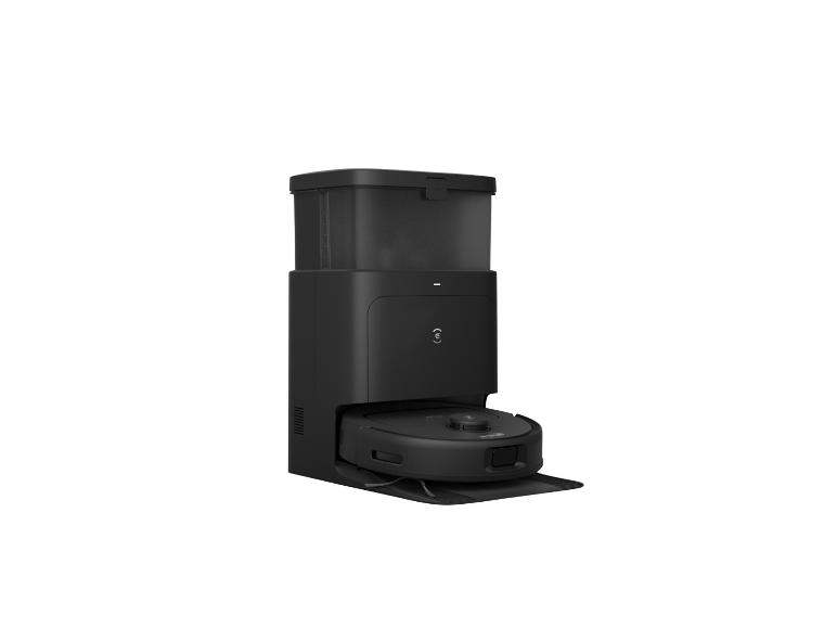 Un robot aspirateur noir avec une station d'accueil haute, sur fond blanc.