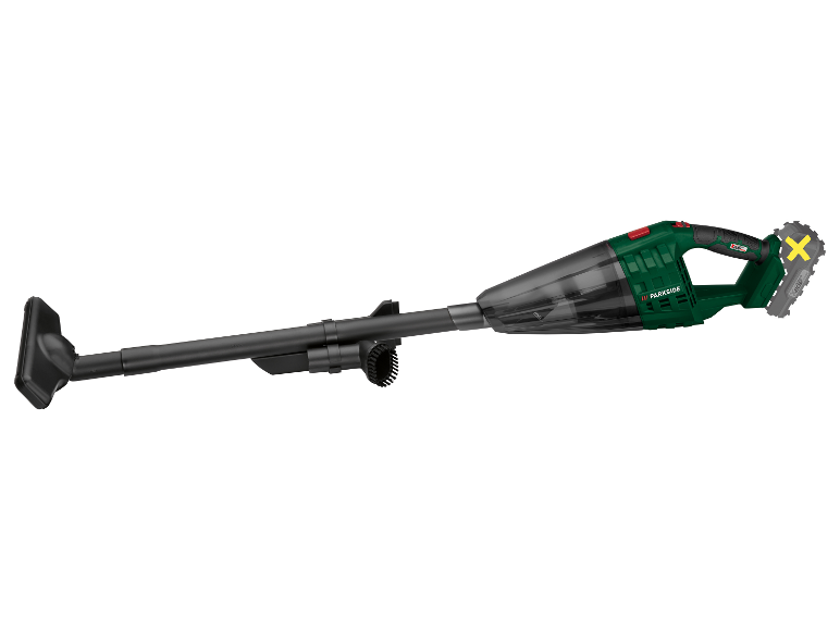 Aspirateur à main sans fil Parkside avec différents accessoires.