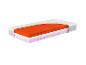 Matelas en coupe transversale montrant des couches de mousse orange, blanche et violette.
