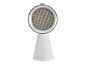 Enceinte conique blanche avec grille ronde argentée et poignée.