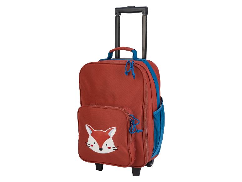 Valise roulante enfant, motif renard, rouge et bleu.