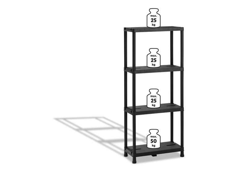 Étagère noire avec 4 tablettes, adaptée à une charge maximale de 25 kg par tablette.
