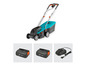 Une tondeuse à gazon Gardena avec deux batteries et un chargeur.