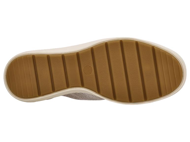 Semelle de chaussure marron avec un motif rayé et un petit logo circulaire.