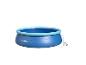 Piscine gonflable ronde bleue avec anneau supérieur turquoise et système de filtration.
