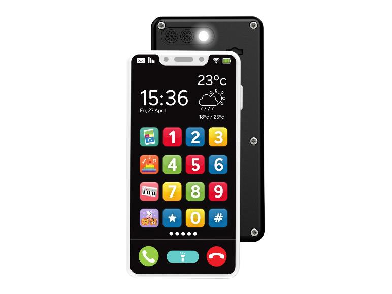 Un téléphone jouet avec des boutons et des applications colorés