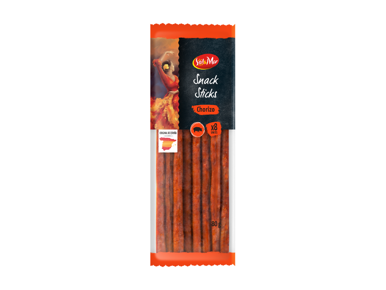 Paquet de 8 bâtonnets de chorizo espagnol, avec un motif de danseuse de flamenco.