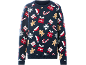 Pull de Noël bleu foncé avec des motifs festifs de cadeaux, de bonshommes en pain d'épices et de flocons.