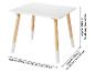 Table enfant blanche avec pieds en bois et bouts blancs, avec dimensions.