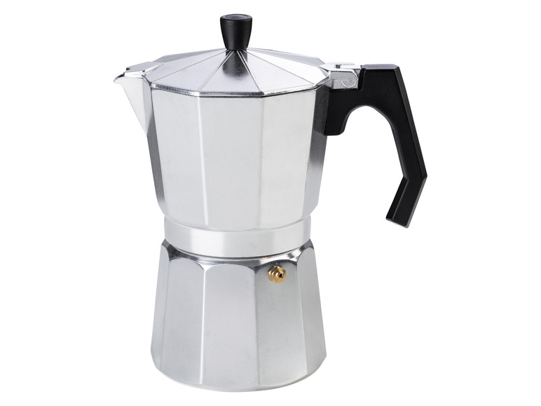 Une cafetière en aluminium avec une poignée noire.