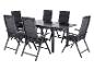 Ensemble de salle à manger d'extérieur gris foncé avec table extensible et six chaises pliantes.
