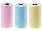 Rouleaux de papier thermique rose, bleu et jaune pâle.
