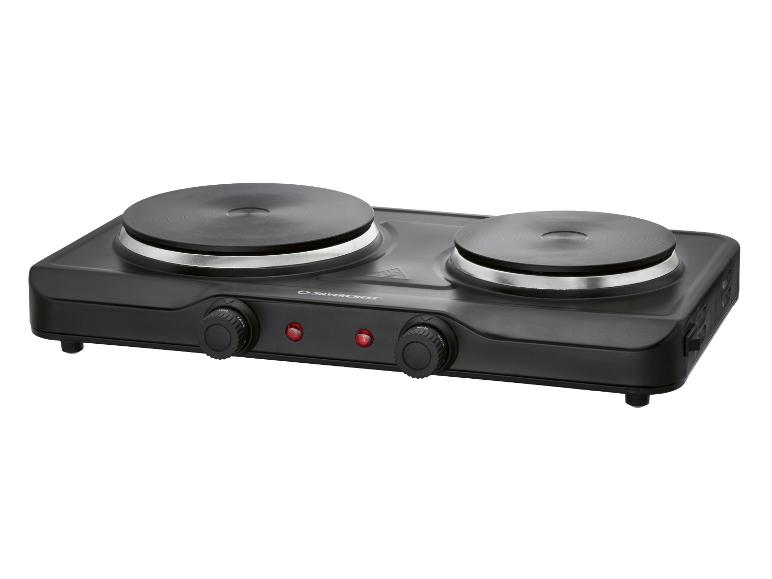 Plaque de cuisson électrique double noire avec deux brûleurs et boutons de commande