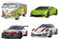Quatre puzzles 3D de voitures : un bus VW, une Lamborghini verte et deux Porsche.