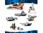 Sept micro-vaisseaux spatiaux en briques de construction colorées sur fond blanc