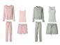 Ensembles de vêtements d'intérieur roses et verts comprenant des cardigans, des caracos, des sweat-shirts, des pantalons et des shorts.