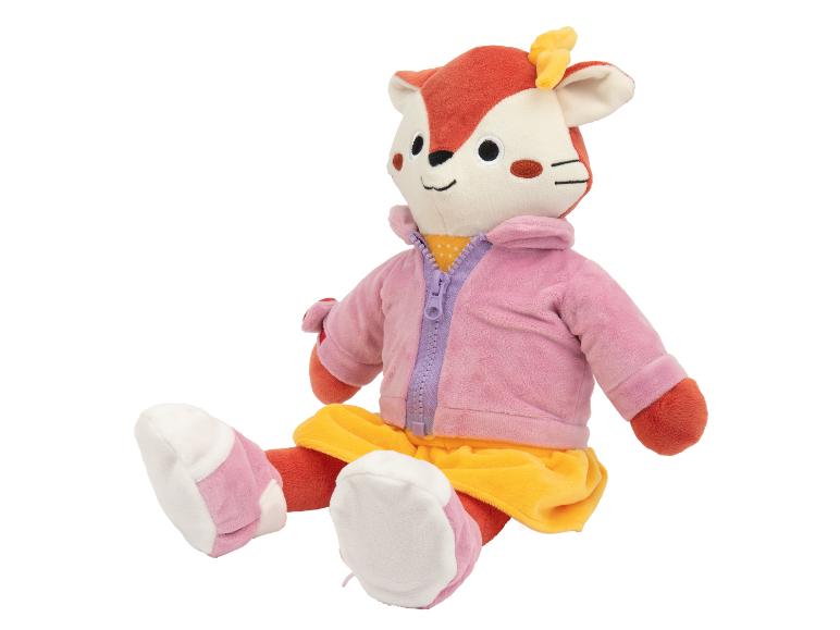 Peluche renard en veste rose et jupe jaune.