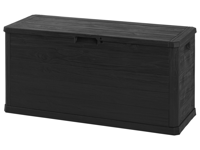 Un coffre de rangement noir avec un aspect bois.