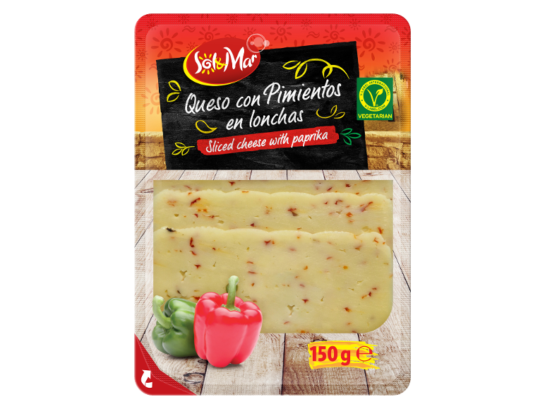 Fromage en tranches au paprika, emballage de 150g avec logo végétarien.
