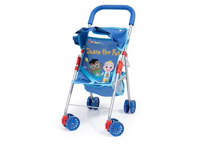 Une poussette Cocomelon bleue avec des roues.