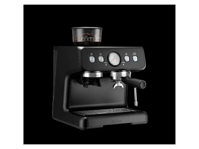 Machine à café noire avec moulin intégré et manomètre à expresso.