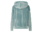 Un sweat à capuche en velours turquoise clair, vu de dos.