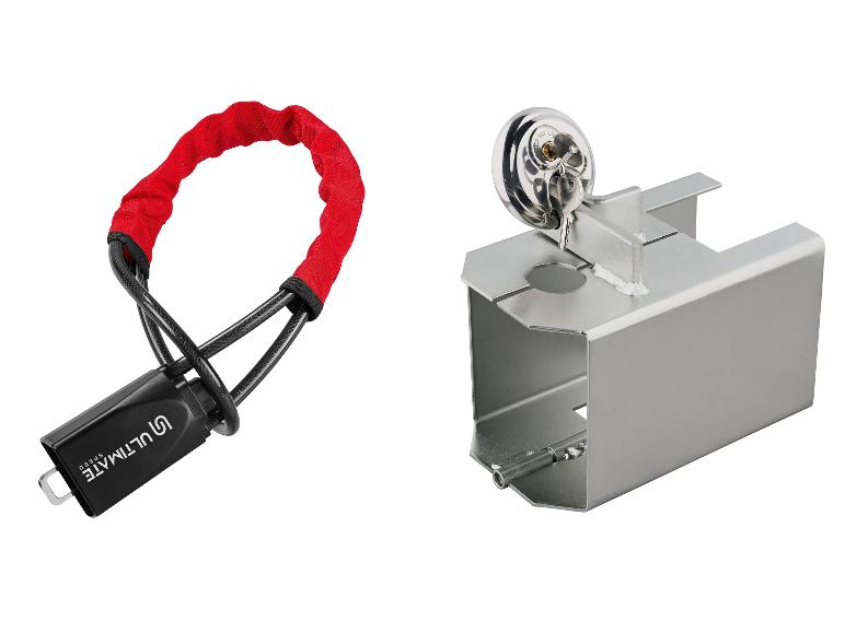 Antivol câble rouge et antivol d'attelage métallique.