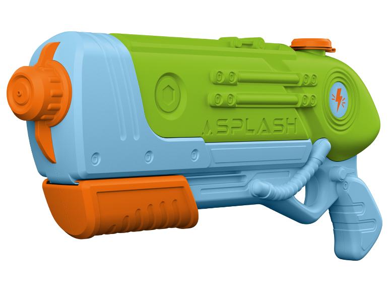 Pistolet à eau vert vif et bleu avec des accents orange et le texte «SPLASH».
