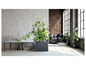 Un salon moderne avec un canapé en cuir noir, une table basse et des plantes en pots