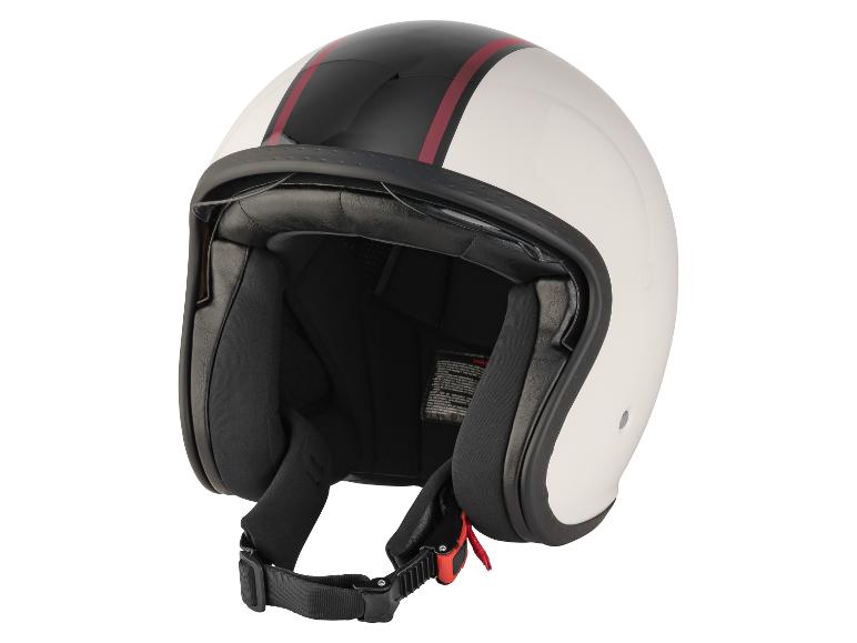 Casque de moto blanc avec bande noire et rouge