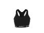 Soutien-gorge de sport noir avec dos nageur et texte blanc sur la bande.