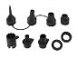Ensemble d'accessoires noirs pour pompe, incluant diverses buses et joints d'étanchéité.