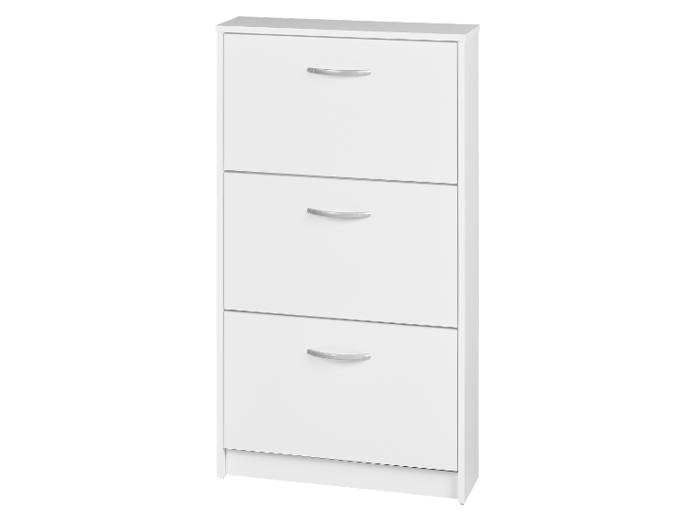 Une armoire à chaussures blanche à trois tiroirs.