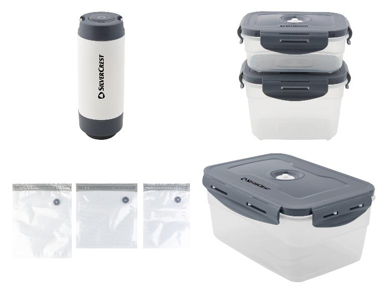 Ensemble d'emballage sous vide SilverCrest avec pompe, récipients et sacs.