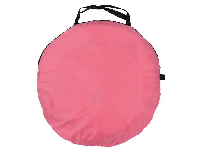 Sac de rangement rose pour tente ou parc, plié à plat, avec poignées noires.