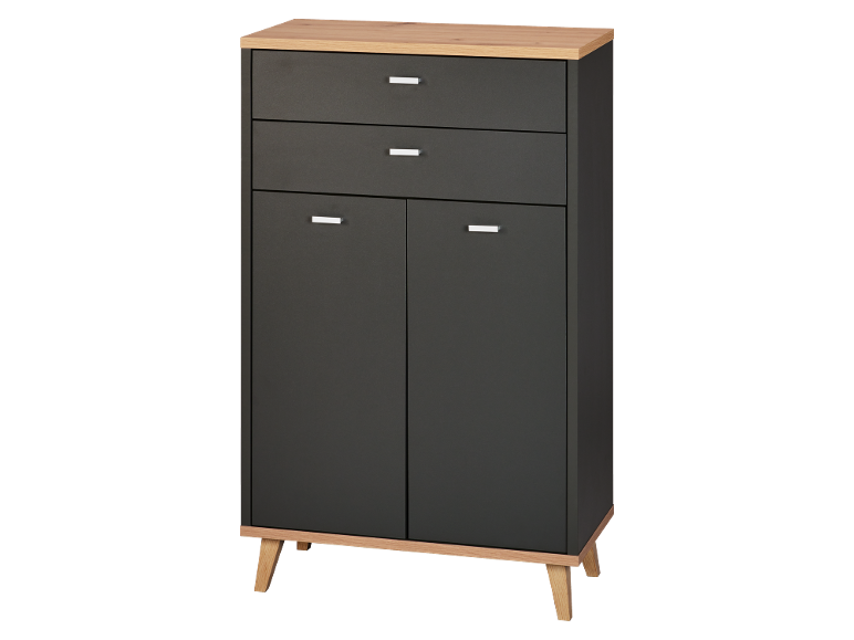 Commode moderne gris foncé avec tiroirs et portes, plateau et pieds effet bois clair