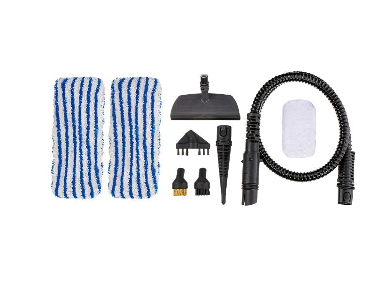 Accessoires pour nettoyeur vapeur, comprenant des chiffons en microfibre, des brosses et des buses.