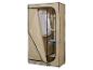 Armoire en tissu beige avec une chemise blanche suspendue et des jeans pliés sur les étagères.