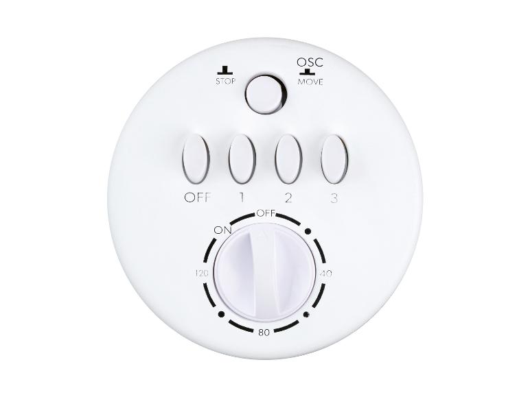 Panneau de commande de ventilateur blanc avec boutons de vitesse, oscillation et minuterie.