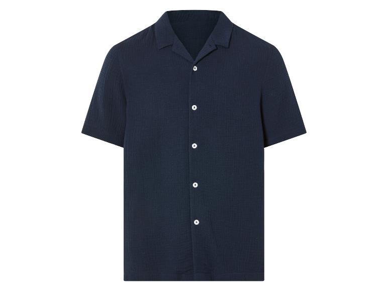 Chemise à manches courtes bleu marine à col mao.