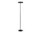 Lampadaire noir et moderne avec un pied fin et une base ronde.