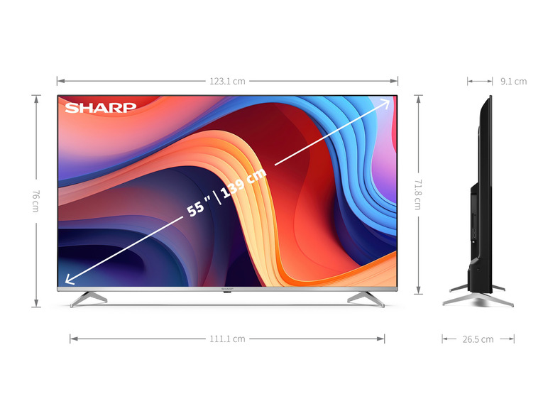 Un téléviseur SHARP de 55 pouces avec des dimensions et une image abstraite à l'écran.